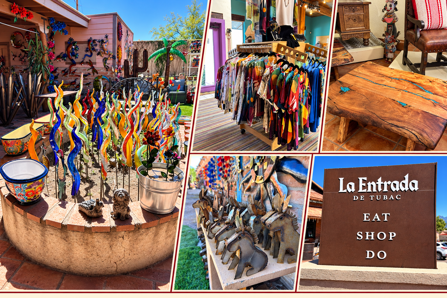 Tubac Shopping five-photo collage with colorful shop display and EAT SHOP DO sign