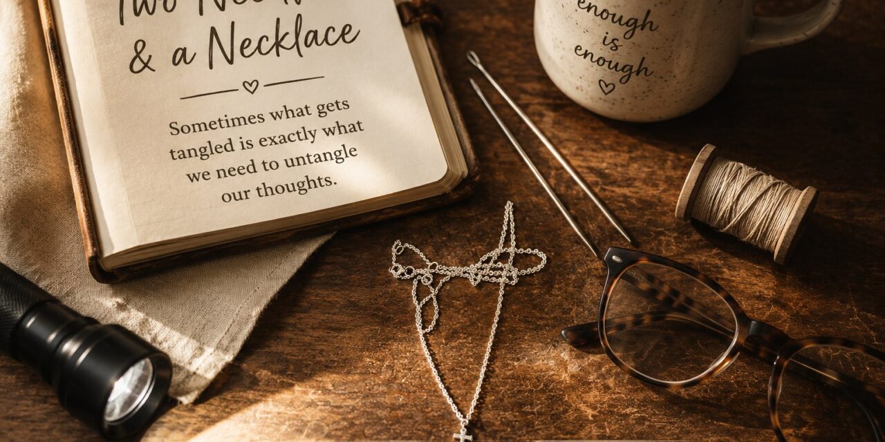 Open journal, necklace, sewing needles, thread, and coffee cup for Two Needles & a Necklace
