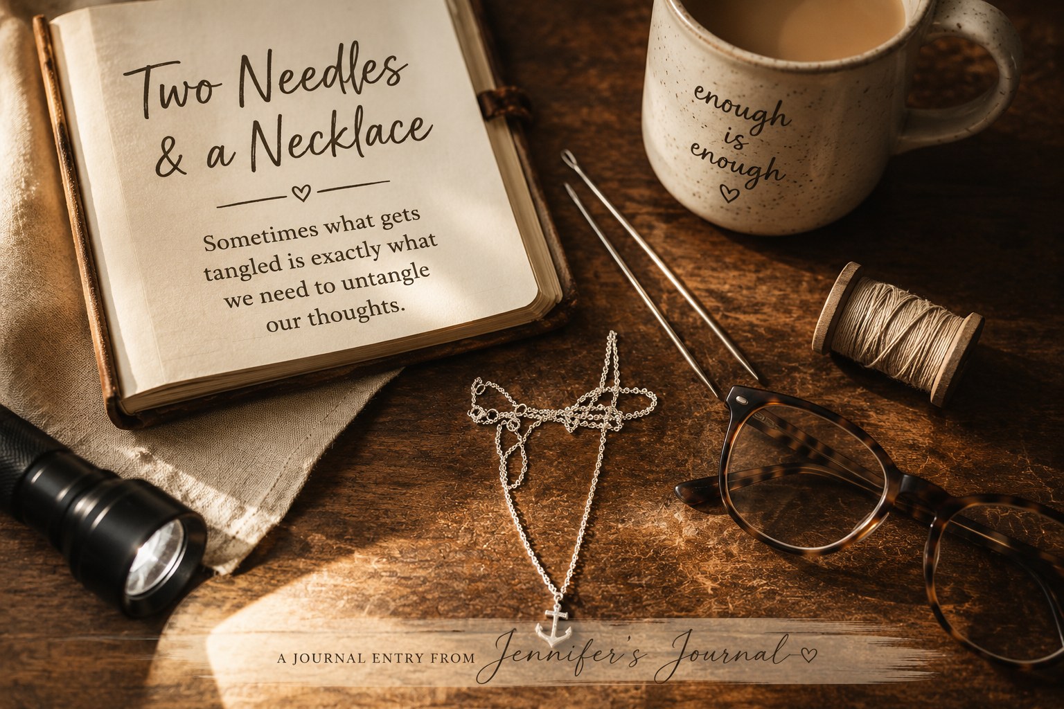 Two Needles & a Necklace — Jennifer’s Journal feature showing an open notebook, glasses, and necklace
