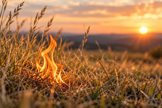 A small flame burning in prairie grass at sunset for Grassfires
